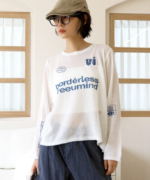 UNE MANSION(ユヌマンション)の「【季節の変わり目におすすめ】 y2kレタリングビーグルシースルーニット(ニット/セーター・レディース・アイボリー/スカイブルー・FREE)」の10枚目の写真