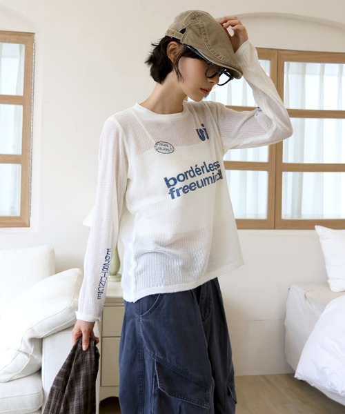 UNE MANSION(ユヌマンション)の「【季節の変わり目におすすめ】 y2kレタリングビーグルシースルーニット(ニット/セーター・レディース・アイボリー/スカイブルー・FREE)」の11枚目の写真