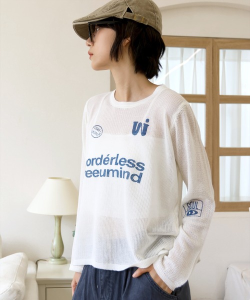 UNE MANSION(ユヌマンション)の「【季節の変わり目におすすめ】 y2kレタリングビーグルシースルーニット(ニット/セーター・レディース・アイボリー/スカイブルー・FREE)」の13枚目の写真