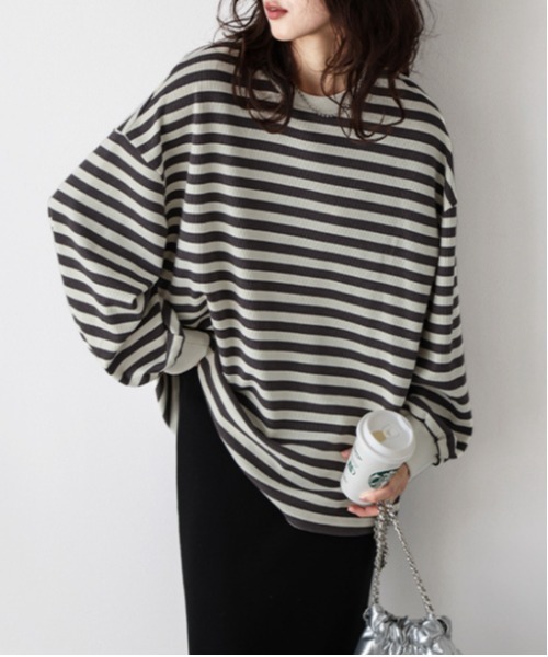 La-gemme(ラジェム)の「ボーダーワッフルTシャツ(Tシャツ/カットソー・レディース・グレー/ブラック×グレー/ブラウン/ブラック×ホワイト・フリー)」の4枚目の写真