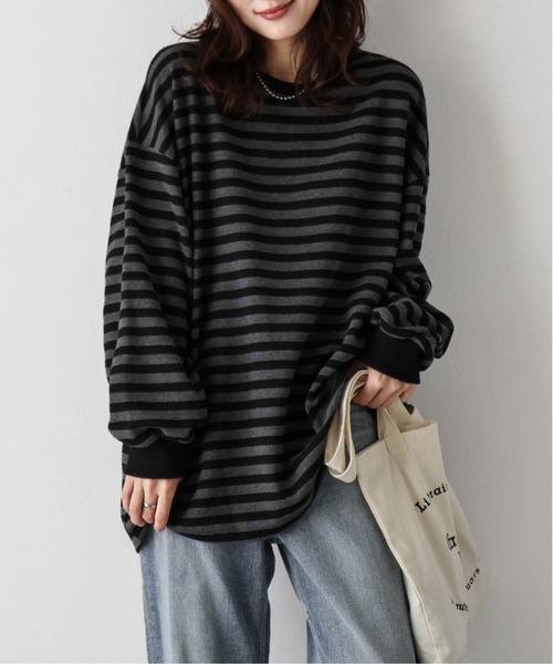 La-gemme(ラジェム)の「ボーダーワッフルTシャツ(Tシャツ/カットソー・レディース・グレー/ブラック×グレー/ブラウン/ブラック×ホワイト・フリー)」の2枚目の写真