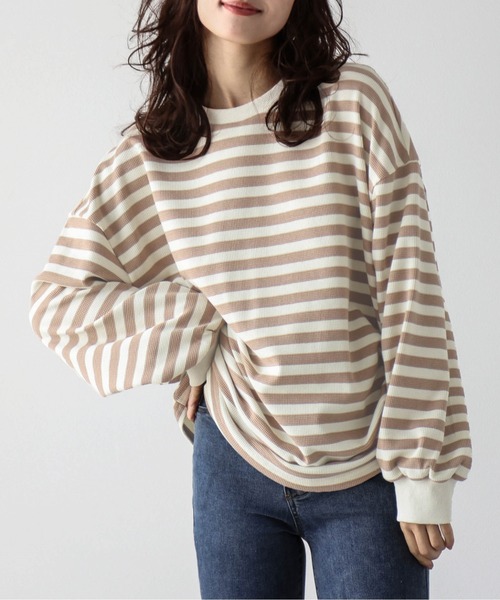 La-gemme(ラジェム)の「ボーダーワッフルTシャツ(Tシャツ/カットソー・レディース・グレー/ブラック×グレー/ブラウン/ブラック×ホワイト・フリー)」の5枚目の写真