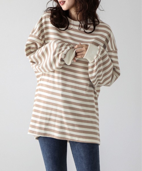 La-gemme(ラジェム)の「ボーダーワッフルTシャツ(Tシャツ/カットソー・レディース・グレー/ブラック×グレー/ブラウン/ブラック×ホワイト・フリー)」の7枚目の写真
