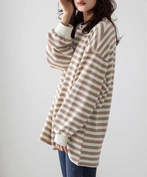 La-gemme(ラジェム)の「ボーダーワッフルTシャツ(Tシャツ/カットソー・レディース・グレー/ブラック×グレー/ブラウン/ブラック×ホワイト・フリー)」の9枚目の写真