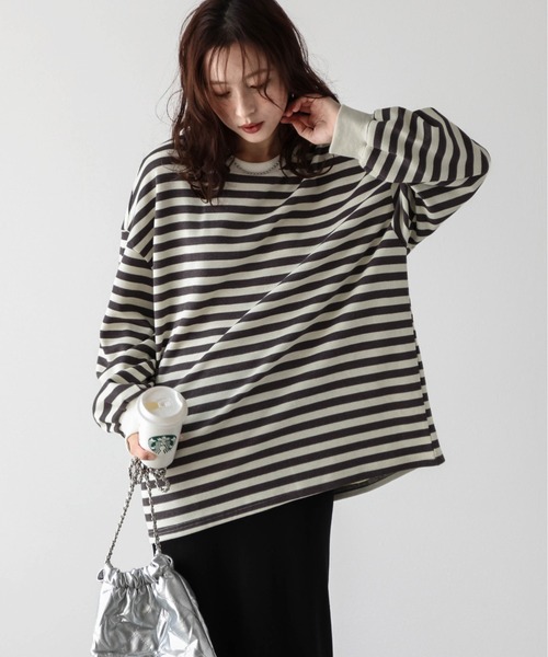 La-gemme(ラジェム)の「ボーダーワッフルTシャツ(Tシャツ/カットソー・レディース・グレー/ブラック×グレー/ブラウン/ブラック×ホワイト・フリー)」の13枚目の写真