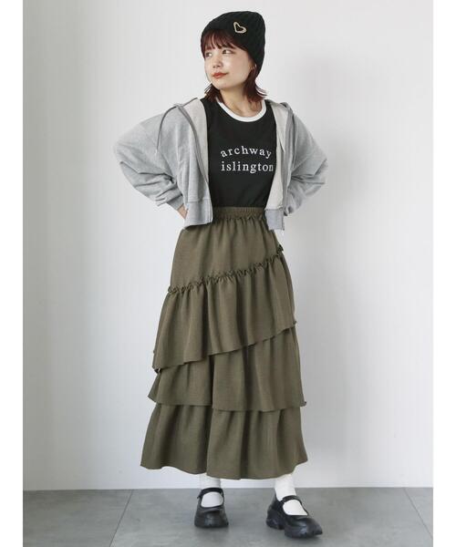 ehka sopo（エヘカソポ）の「アシンメトリーティアードスカート（スカート・レディース・カーキ/ブラック/モカ・F）」の13枚目の写真