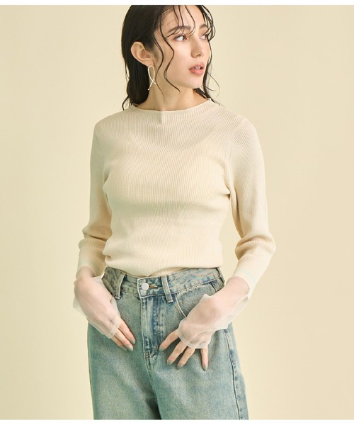 Settimissimo(セッティミッシモ)の「シアー 切替スリーブ リブ ニット プルオーバー(ニット/セーター・レディース・ラベンダー/ブラック/アイボリー・FREE)」の2枚目の写真