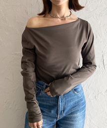 長袖ボートネックロンTカットソー/ワンショルダートップス