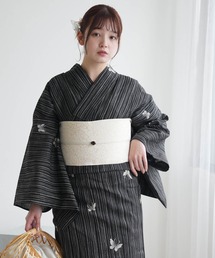 utatane(ウタタネ)の浴衣3点セット 綿麻×紅梅 黒地の縞々蝶々(浴衣)