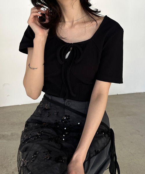 solleim（ソルレム）の「フロントリボンギャザーTシャツ（Tシャツ/カットソー・レディース・ブラック/オフホワイト/グレー・M/L）」の5枚目の写真