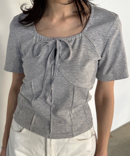 solleim（ソルレム）の「フロントリボンギャザーTシャツ（Tシャツ/カットソー・レディース・ブラック/オフホワイト/グレー・M/L）」の7枚目の写真