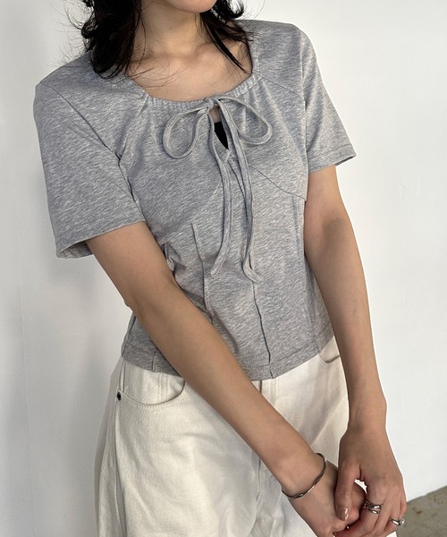 solleim（ソルレム）の「フロントリボンギャザーTシャツ（Tシャツ/カットソー・レディース・ブラック/オフホワイト/グレー・M/L）」の8枚目の写真