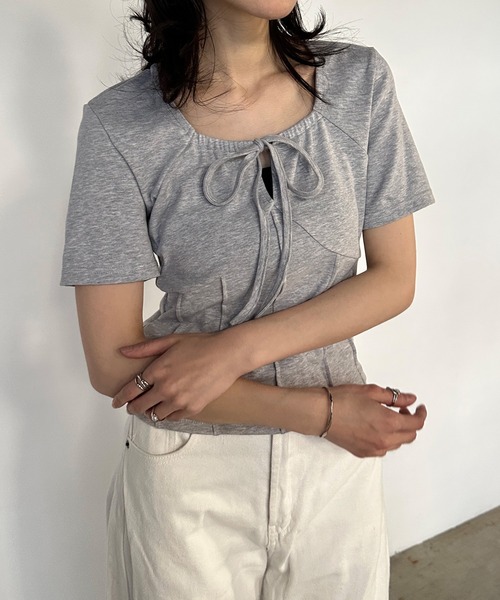 solleim（ソルレム）の「フロントリボンギャザーTシャツ（Tシャツ/カットソー・レディース・ブラック/オフホワイト/グレー・M/L）」の13枚目の写真