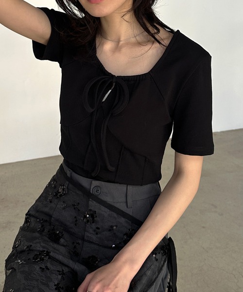 solleim（ソルレム）の「フロントリボンギャザーTシャツ（Tシャツ/カットソー・レディース・ブラック/オフホワイト/グレー・M/L）」の12枚目の写真