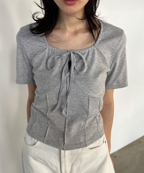 solleim（ソルレム）の「フロントリボンギャザーTシャツ（Tシャツ/カットソー・レディース・ブラック/オフホワイト/グレー・M/L）」の14枚目の写真