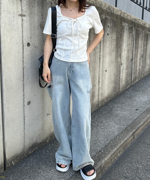 solleim（ソルレム）の「フロントリボンギャザーTシャツ（Tシャツ/カットソー・レディース・ブラック/オフホワイト/グレー・M/L）」の18枚目の写真