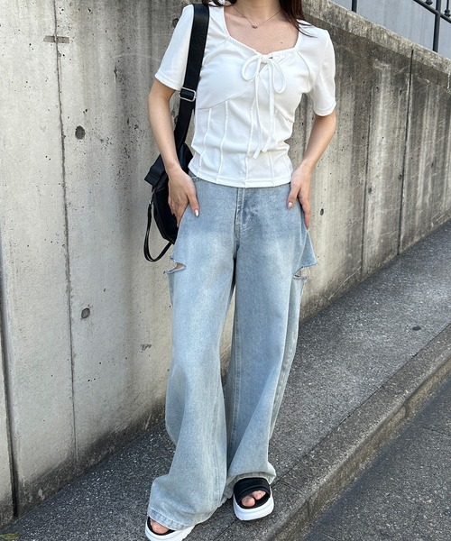 solleim（ソルレム）の「フロントリボンギャザーTシャツ（Tシャツ/カットソー・レディース・ブラック/オフホワイト/グレー・M/L）」の19枚目の写真