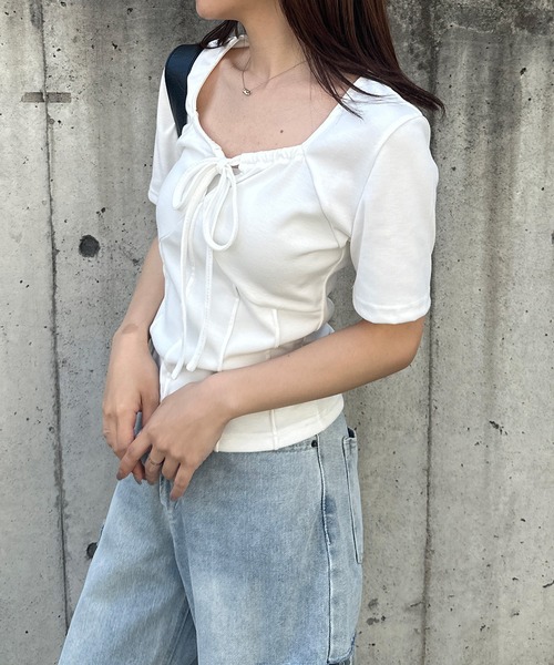 solleim（ソルレム）の「フロントリボンギャザーTシャツ（Tシャツ/カットソー・レディース・ブラック/オフホワイト/グレー・M/L）」の17枚目の写真