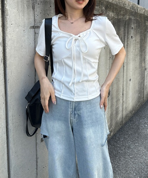 solleim（ソルレム）の「フロントリボンギャザーTシャツ（Tシャツ/カットソー・レディース・ブラック/オフホワイト/グレー・M/L）」の16枚目の写真