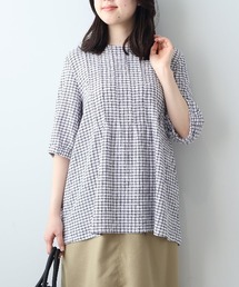 leswel | 【L～5L 大きいサイズ】シャーリングギンガムタックプルオーバー 6分袖 春夏(Tシャツ/カットソー)