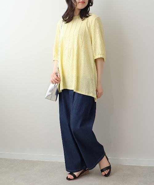 leswel（レスウェル）の「【L～5L 大きいサイズ】シャーリングギンガムタックプルオーバー 6分袖 春夏（Tシャツ/カットソー・レディース・イエロー/ネイビー/オフホワイト・LL/4L/5L/3L/L）」の11枚目の写真