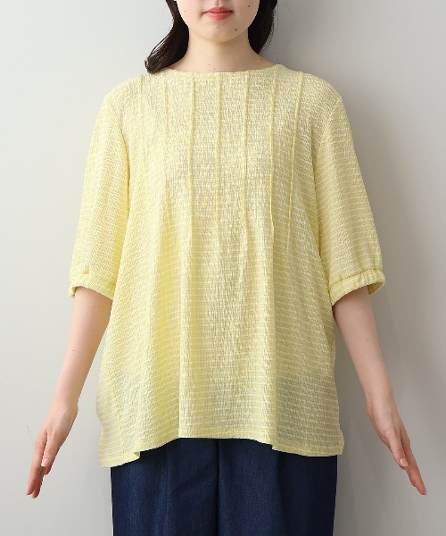 leswel（レスウェル）の「【L～5L 大きいサイズ】シャーリングギンガムタックプルオーバー 6分袖 春夏（Tシャツ/カットソー・レディース・イエロー/ネイビー/オフホワイト・LL/4L/5L/3L/L）」の15枚目の写真
