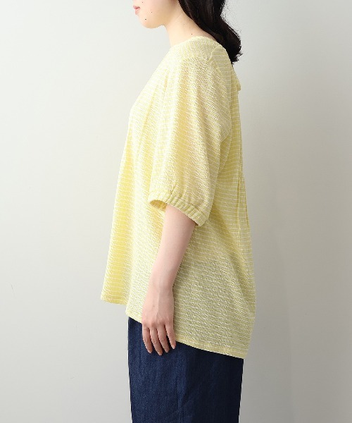 leswel（レスウェル）の「【L～5L 大きいサイズ】シャーリングギンガムタックプルオーバー 6分袖 春夏（Tシャツ/カットソー・レディース・イエロー/ネイビー/オフホワイト・LL/4L/5L/3L/L）」の16枚目の写真