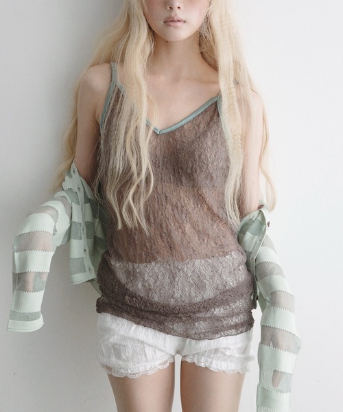 igi(イジ)の「SHEER LACE CAMISOLE / シアーレースキャミソール(キャミソール・レディース・ライトグリーン/ネイビー/ブラウン/チャコールグレー/モカ/ベージュ・FREE)」の7枚目の写真