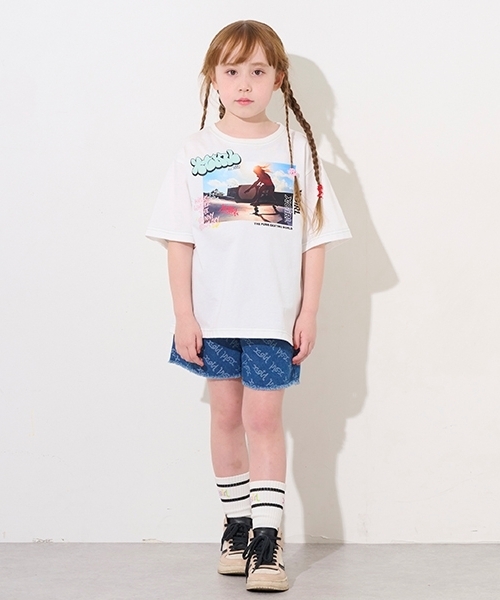 X-girl Stages（エックスガールステージス）の「ロゴジャガードデニムショートパンツ（デニムパンツ・キッズ・ブラック/ライトブルー・120cm/130cm/140cm/90cm/110cm/100cm）」の2枚目の写真