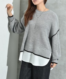 畦編み配色シャツレイヤード風プルオーバー
