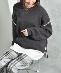 畦編み配色シャツレイヤード風プルオーバー