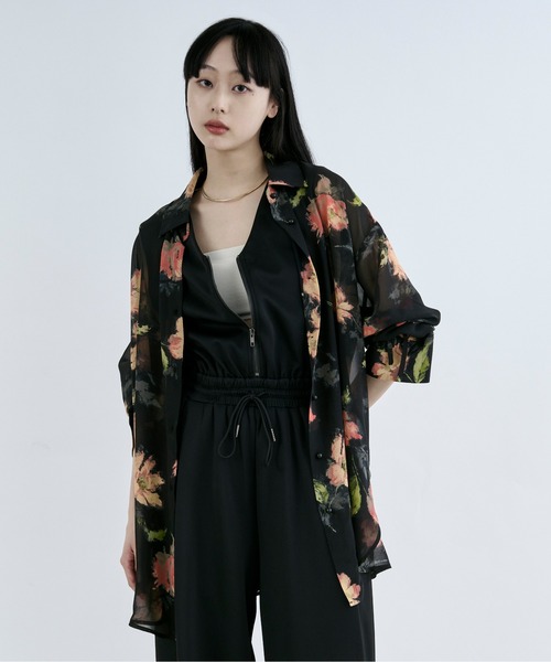 Ezick(エジック)の「Lace up フラワーシアーシャツ(シャツ/ブラウス・レディース・ブラック/アイボリー・FREE)」の12枚目の写真