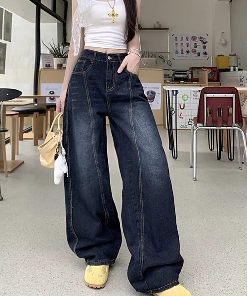 shopnikoniko(ショップニコニコ)の「バレルレッグ デニム パンツ ジーンズ ワイド バックロゴ 刺繍 カーブデニム(デニムパンツ・レディース・ブルー・フリー)」の18枚目の写真