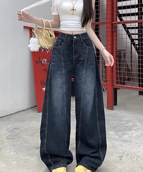 shopnikoniko(ショップニコニコ)の「バレルレッグ デニム パンツ ジーンズ ワイド バックロゴ 刺繍 カーブデニム(デニムパンツ・レディース・ブルー・フリー)」の9枚目の写真