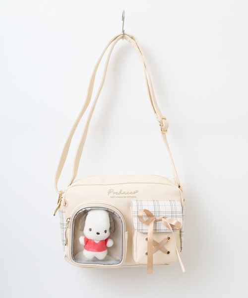 サンリオ チェック クリアポケット ぬいぐるみ付 合皮ｼｮﾙﾀﾞｰ