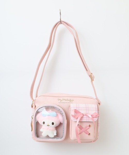 サンリオ チェック クリアポケット ぬいぐるみ付 合皮ｼｮﾙﾀﾞｰ