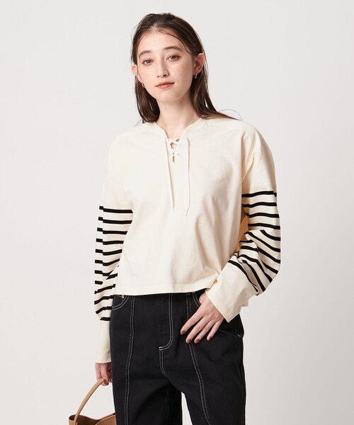 FILL THE BILL（フィルザビル）の「【別注】＜FILL THE BILL＞レースアップ クロップド カットソー（Tシャツ/カットソー・レディース・オフホワイト/ブラック・FREE）」の20枚目の写真