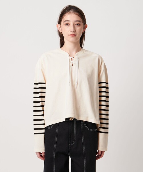 FILL THE BILL（フィルザビル）の「【別注】＜FILL THE BILL＞レースアップ クロップド カットソー（Tシャツ/カットソー・レディース・オフホワイト/ブラック・FREE）」の6枚目の写真