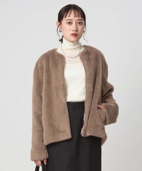 green label relaxing（グリーンレーベルリラクシング）の「フェイクファー ノーカラー コート（その他アウター・レディース・ダークブラウン/ベージュ・FREE）」の3枚目の写真
