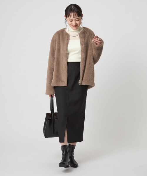 green label relaxing（グリーンレーベルリラクシング）の「フェイクファー ノーカラー コート（その他アウター・レディース・ダークブラウン/ベージュ・FREE）」の6枚目の写真