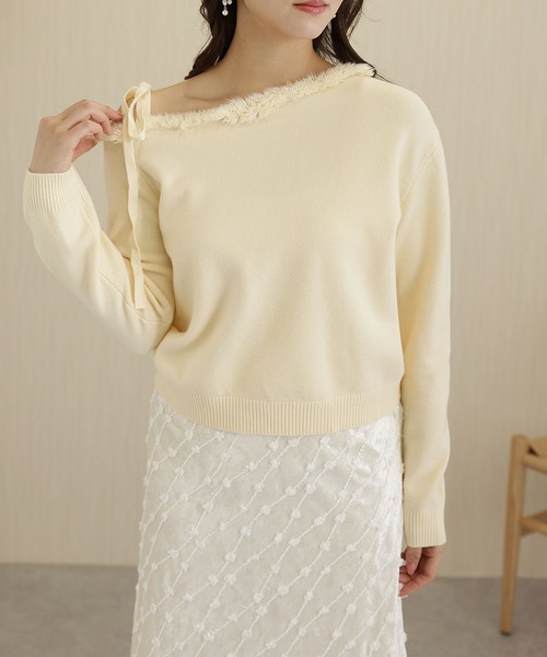 Lace Ladies(レースレディース)の「ワンショルダー フリンジ オフショル ニット プルオーバー(ニット/セーター・レディース・ブラック/アイボリー/ベージュ・FREE)」の9枚目の写真
