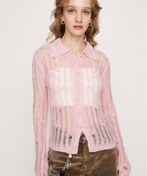 SLY（スライ）の「DAMAGE KNIT C/D ダメージ ニット カーディガン 秋服 冬服（カーディガン/ボレロ・レディース・ブラック/ダークグレー/ピンク・FREE）」の3枚目の写真