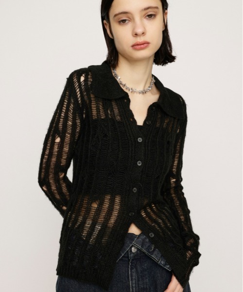 SLY（スライ）の「DAMAGE KNIT C/D ダメージ ニット カーディガン 秋服 冬服（カーディガン/ボレロ・レディース・ブラック/ダークグレー/ピンク・FREE）」の2枚目の写真