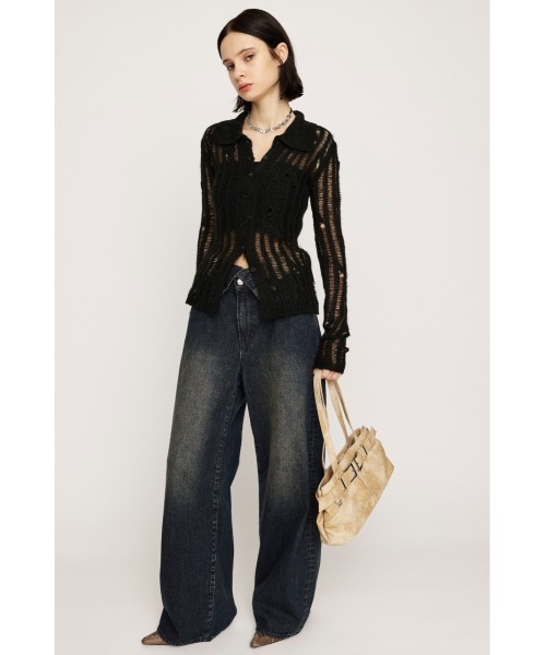 SLY（スライ）の「DAMAGE KNIT C/D ダメージ ニット カーディガン 秋服 冬服（カーディガン/ボレロ・レディース・ブラック/ダークグレー/ピンク・FREE）」の4枚目の写真