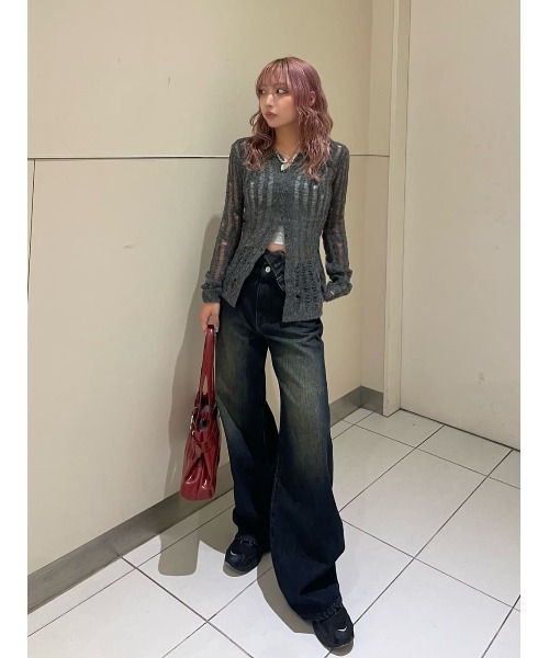 SLY（スライ）の「DAMAGE KNIT C/D ダメージ ニット カーディガン 秋服 冬服（カーディガン/ボレロ・レディース・ブラック/ダークグレー/ピンク・FREE）」の22枚目の写真