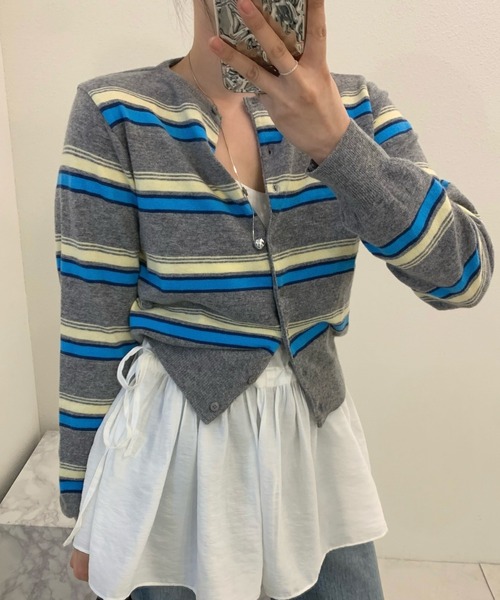 LAC-VERT（ラック・ヴェール）の「配色ボーダーニットカーディガン（スウェット・レディース・グレー/ベージュ/ブラック/アイボリー・FREE）」の3枚目の写真