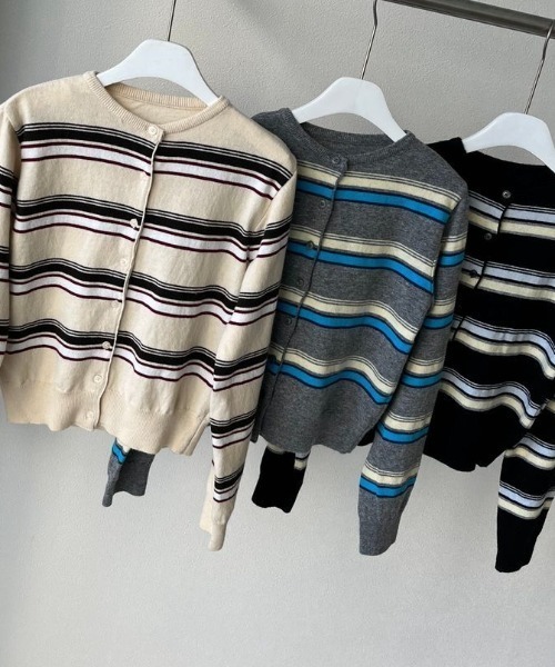 LAC-VERT（ラック・ヴェール）の「配色ボーダーニットカーディガン（スウェット・レディース・グレー/ベージュ/ブラック/アイボリー・FREE）」の8枚目の写真