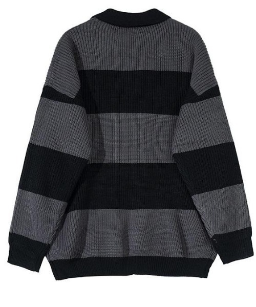 link lot（リンクロット）の「ルーズフィット ワイドボーダー ポロシャツニット（ポロシャツ・メンズ・ブラック・M）」の8枚目の写真