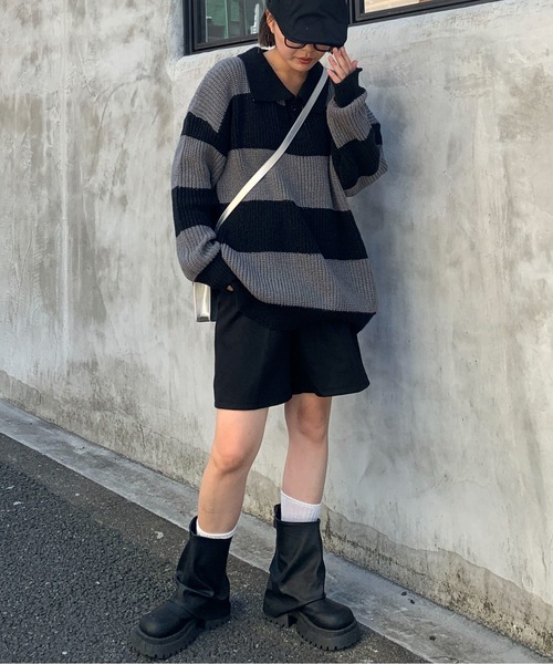 link lot（リンクロット）の「ルーズフィット ワイドボーダー ポロシャツニット（ポロシャツ・メンズ・ブラック・M）」の15枚目の写真