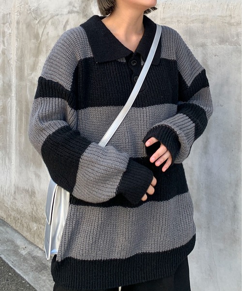 link lot（リンクロット）の「ルーズフィット ワイドボーダー ポロシャツニット（ポロシャツ・メンズ・ブラック・M）」の17枚目の写真